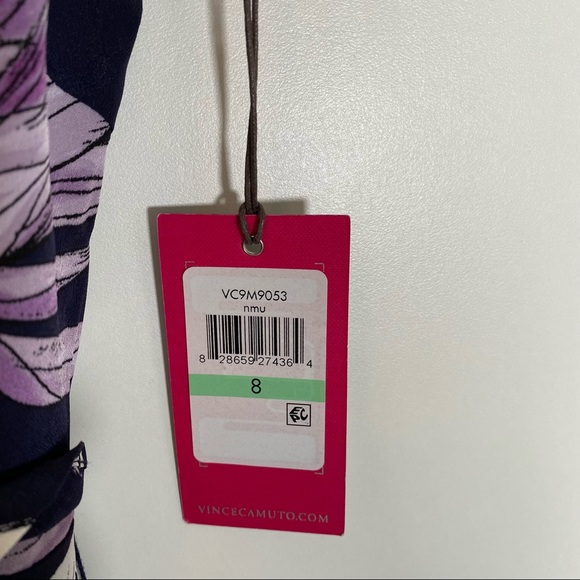 VINCE CAMUTO Asymmetrical Faux Wrap Floral Tie Waist Midi Dress - Picture 9 of 10